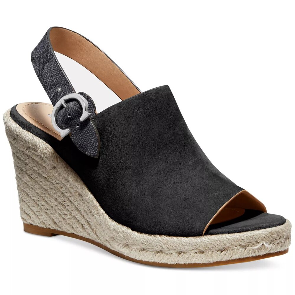NEW Coach Poppy Espadrille Wedge in Black Suede & Signature Canvas 9 Logo Buckle